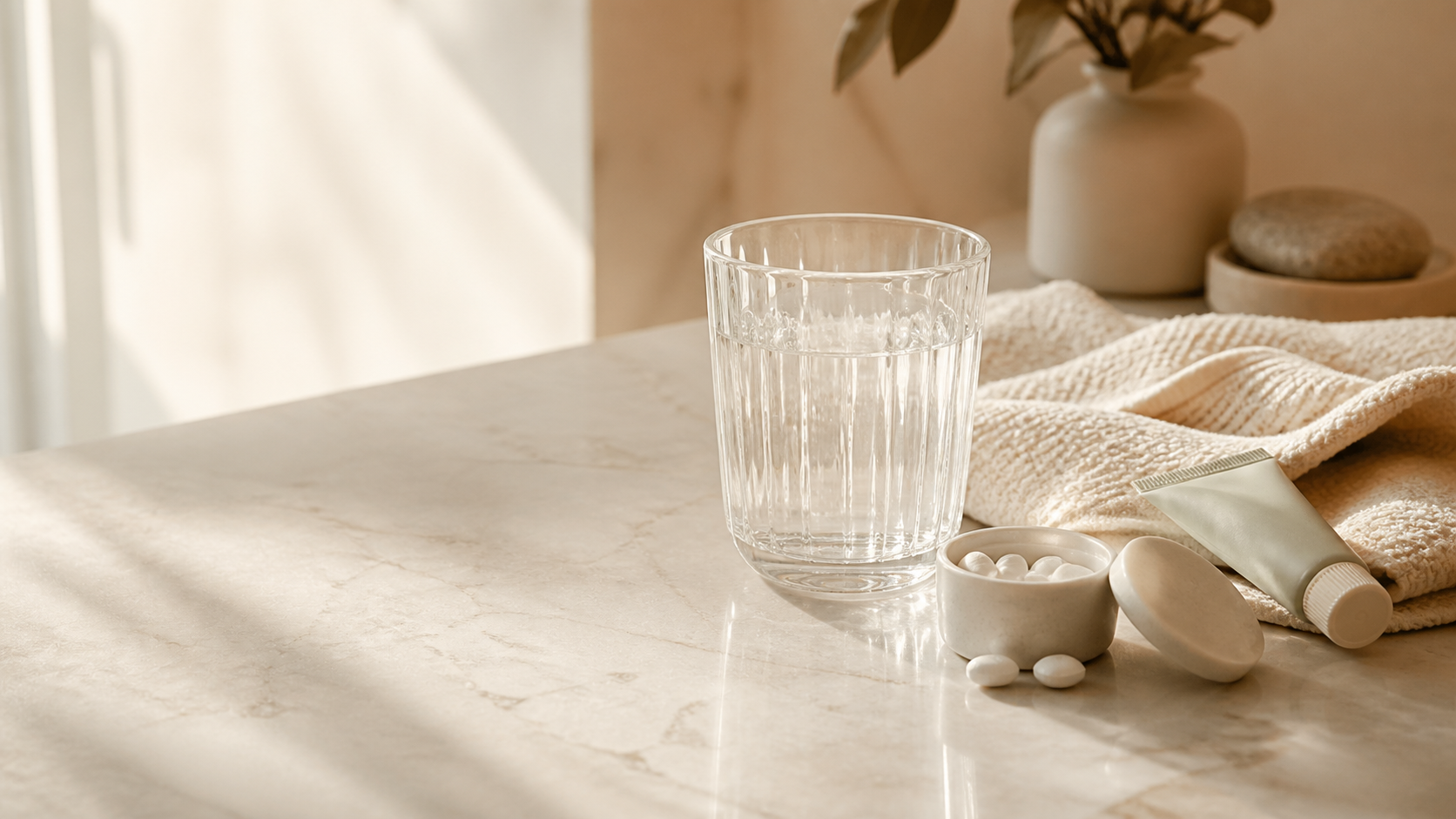 Glas water, suikervrije kauwgom en mondgel bij een zachte handdoek